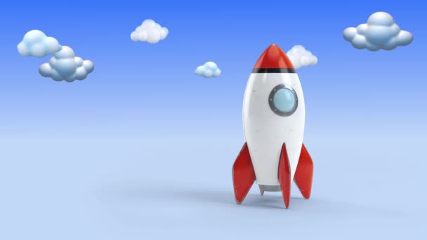 玩具火箭爆炸与多云的天空4K休息在蓝色渐变表面与卡通云在天空和火箭爆炸与火焰和烟雾 — 图库视频影像