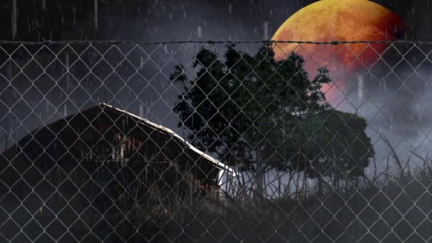 Halloween Barn Orange Moon Rainy Night Loop Features Old Stodola — Stock video