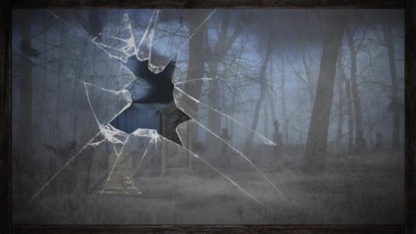 Bat Filled Graveyard Loop的破碎窗口视图显示了黑暗雾蒙蒙的墓地上的一个旧的破碎窗口 蝙蝠绕着圈飞来飞去 — 图库视频影像