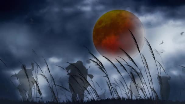 Zombies Howling Wind Orange Moon Oferă Siluete Zombi Care Merg — Videoclip de stoc