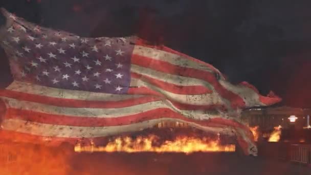 Dayak Yiyen Amerikan Bayrağı Flames Capitol Binası Döngüsünde Rüzgarda Dalgalanan — Stok video