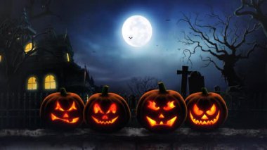 Bir Mezarlıktaki Dört Vale Duvarı 4K Döngü Arkaplanda dört tane Jack-O-Lantern var. Duvarda içinde ateş olan bir ev ve arka planda bir döngü içinde mezarlık var.