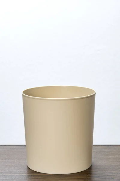 Beige Plastic Trash Bin White Background — Stock Photo, Image