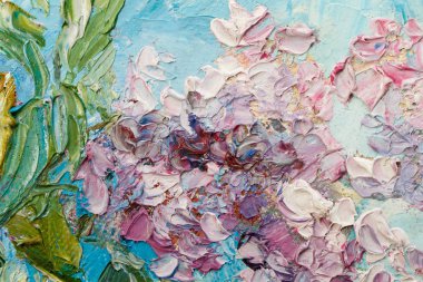 Arka plan. Portre resmi parçası. Resim tuval üzerine yağlı boya-leylak gökyüzüne karşı buket. 