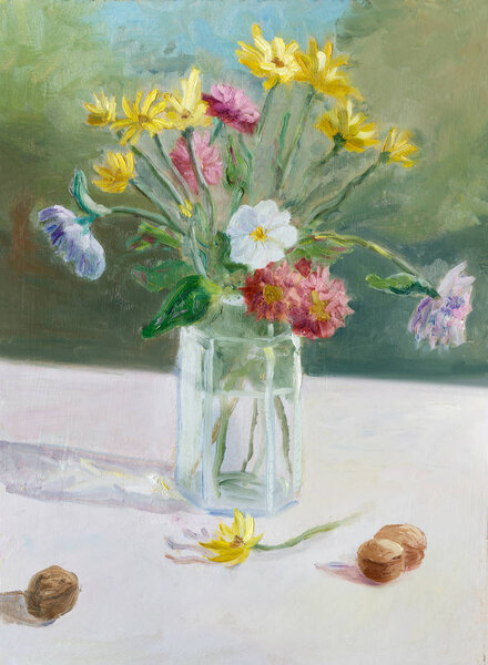Painting oil on cardboard. Sketch. Summer colorful bouquet in the glass  jug on table in the garden.