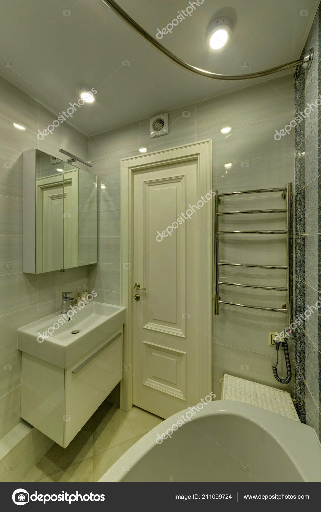 Bathroom Heated Towel Rail Sink Mirror Stock Photo
