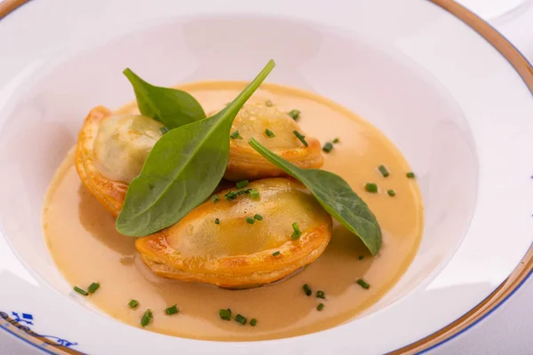 Dumplings Mushroom Sauce Greens — Stock Photo, Image