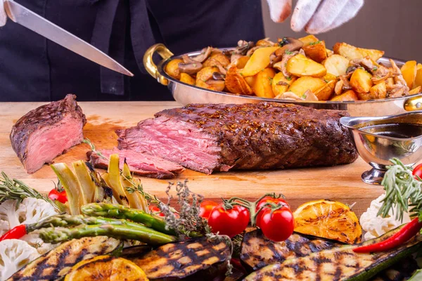 Potato Fried Mushrooms Served Meat Medium Pro Frying — Stock Photo, Image