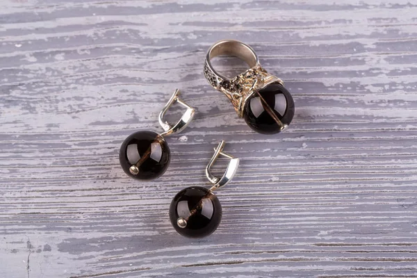 Earrings Ring Smoky Quartz Exclusive Ornament Executed Surprising Skill Noble — Stock Photo, Image