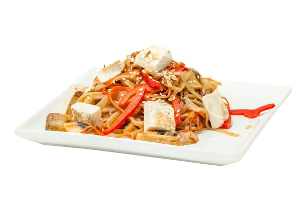 Chinesische Nudeln Mit Tofu Und Gemüse Auf Einem Quadratischen Vom — Stockfoto
