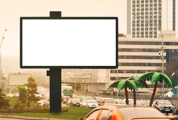 Blank horizontal billboard against a urban background. Outdoor advertising mockup