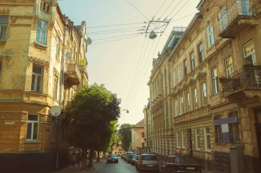 Lviv sabah sokakta. Ukrayna. Avrupa seyahat fotoğraf.