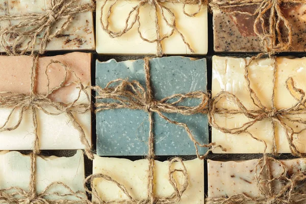 Organic Handmade Soap Lot Decorated Bricks Top View — Stock Photo, Image
