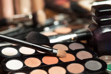 Profesyonel visagiste çalışma alanı. Göz farı çıplak paletleri. Süren iş.