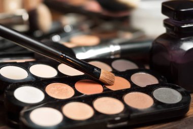 Profesyonel visagiste çalışma alanı. Göz farı çıplak paletleri. Süren iş.