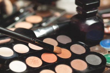 Profesyonel visagiste çalışma alanı. Göz farı çıplak paletleri. Süren iş.