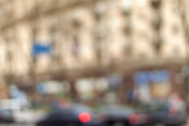 Bahar bulanık şehir. Ufuk cityscape arka plan. Bulanık mimari arka plan