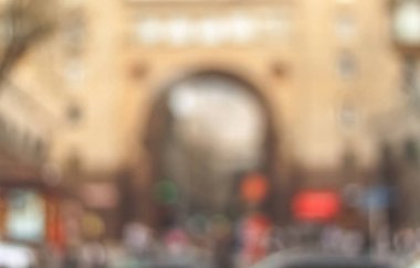 Bahar bulanık şehir. Ufuk cityscape arka plan. Bulanık mimari arka plan