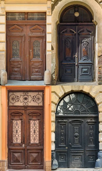 Zestaw Stare Drzwi Lwow Ukraina Przykłady Światowego Dziedzictwa Architektonicznego — Zdjęcie stockowe