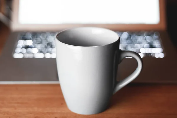 White Mug Wooden Table Office Workspace Background — Stock Photo, Image