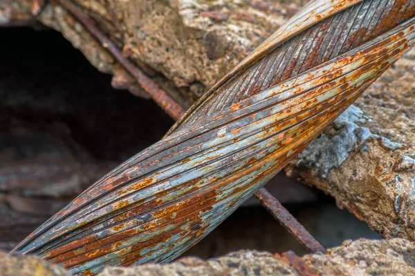 Fibers of steel cable close-up. Old abandoned cable-stayed bridge