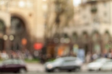 Bahar bulanık şehir. Ufuk cityscape arka plan. Bulanık mimari arka plan