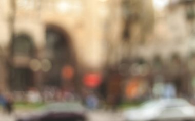 Bahar bulanık şehir. Ufuk cityscape arka plan. Bulanık mimari arka plan