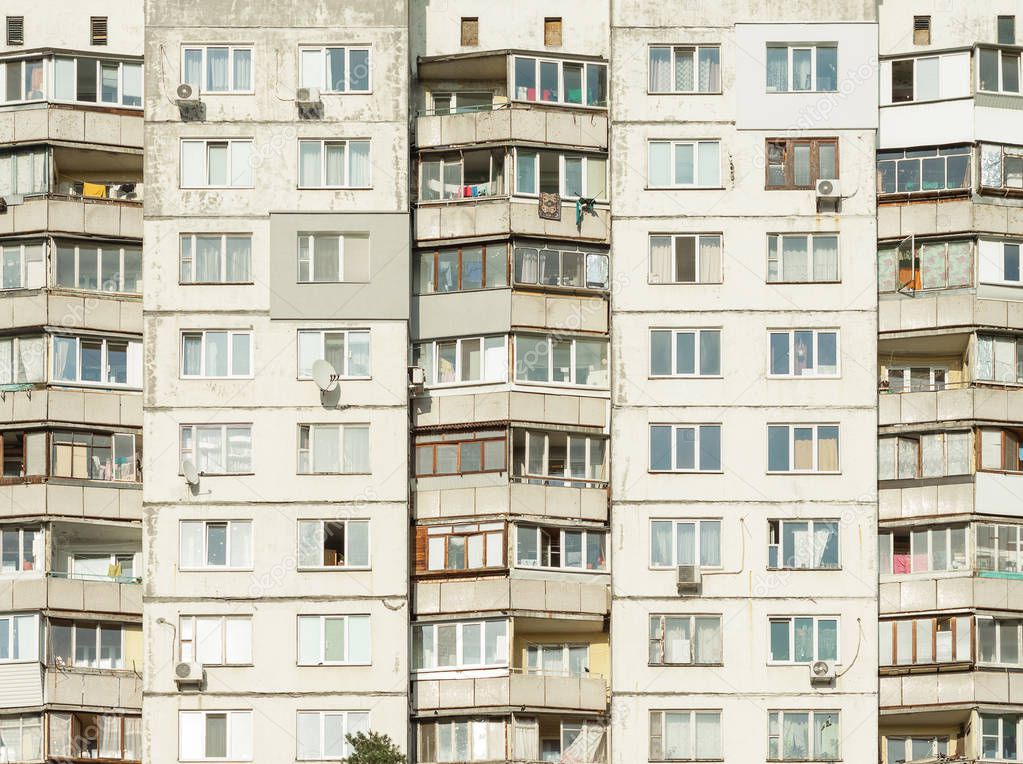 Facade of a modern pre-fabricated building. Kiev, Ukraine