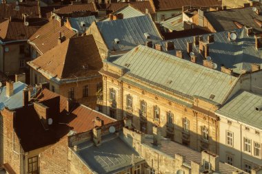 Lviv çatı gün batımında. Ukrayna. Avrupa seyahat fotoğraf.