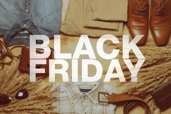 Black friday poster. Casual fashionable stuff on the background.