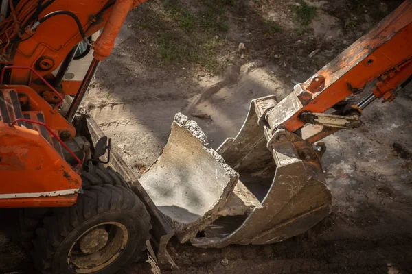 Dismantling Old Concrete Structures Excavator Ladle Close — Stock Photo, Image