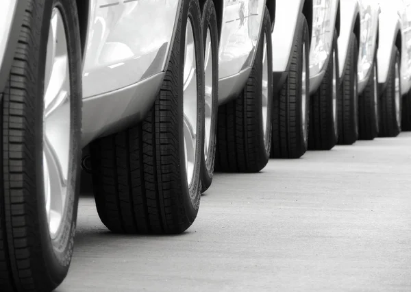 Räder Neuer Weißer Autos Reihenweise Auf Dem Asphalt Ausgebreitet — Stockfoto