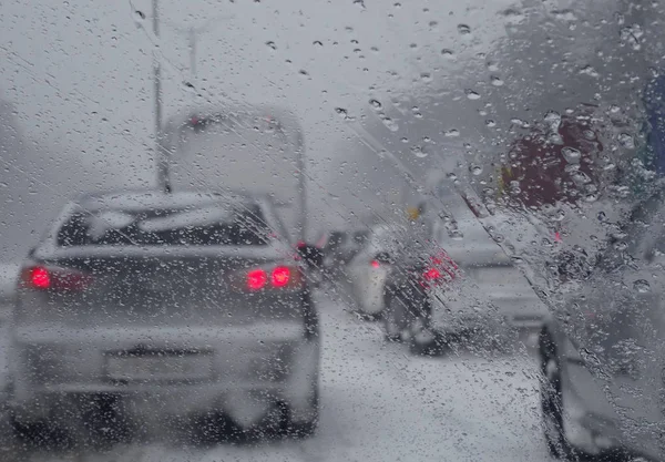 View Windshield Blocked Vehicles Highway Snowfall — Stock Photo, Image