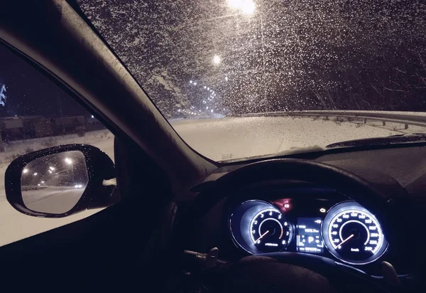 Car Windshield Covered Ice Frost Winter Road — Stock Photo, Image