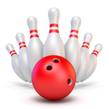 Kırmızı bowling topu ve dağınık pimleri 3d render illüstrasyon izole beyaz arka plan üzerinde