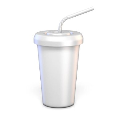 Boş kağıt bardak içme ile saman 3d render illüstrasyon izole beyaz arka plan üzerinde