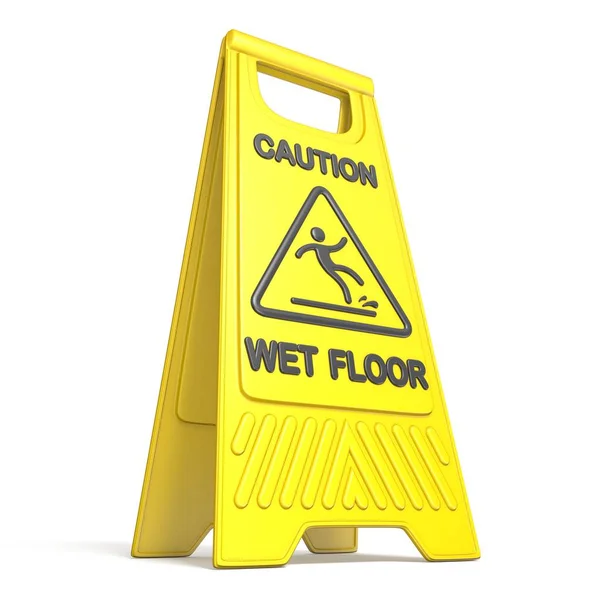 黄色警告滑湿地板标志3D 在白色背景上隔离的渲染插图 — 图库照片