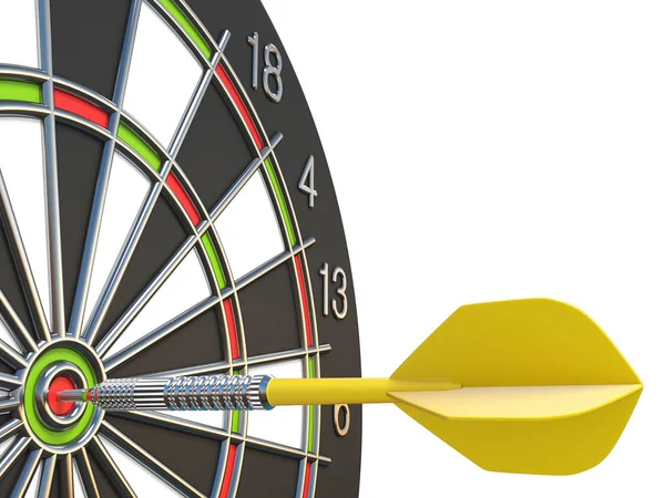 Close Yellow Dart Arrow Center Dartboard Rendering Illustration Isolated White — Stock Photo, Image