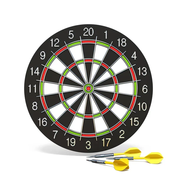 Yellow Dart Arrows Front Dartboard Rendering Illustration Isolated White Background — Stock Photo, Image