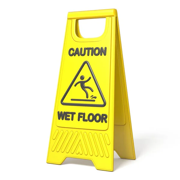 Yellow Caution Slippery Wet Floor Sign Rendering Illustration Isolated White — Stock Photo, Image