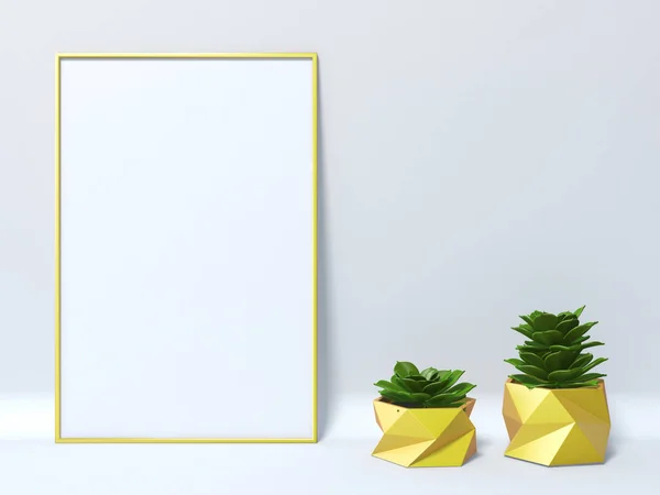 Mock Gele Leeg Afbeeldingsframe Met Twee Succulente Render Illustratie — Stockfoto