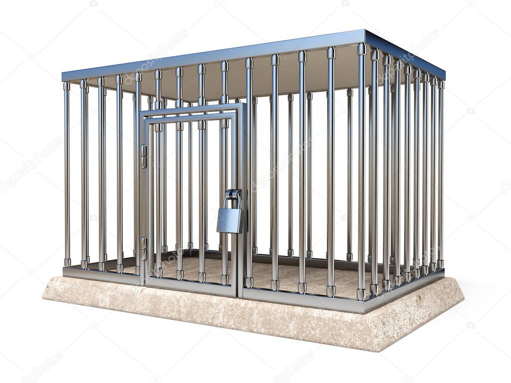 Metal cage with lock side view 3D render illustration isolated on white background