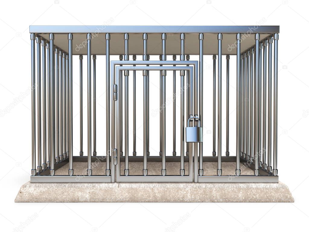 Metal cage with lock front view 3D render illustration isolated on white background