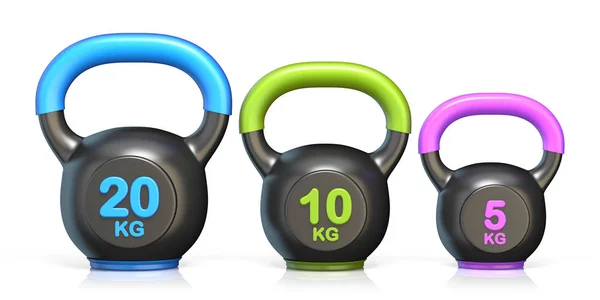 Three Kettle Bells Render Illustration Isolated White Background — Stock Photo, Image