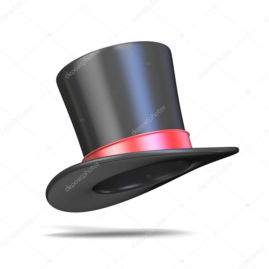 Magic hat with red ribbon 3D render illustration isolated on white background
