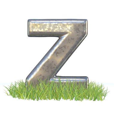Galvanizli metal yazı mektup Z çim 3d render resimde beyaz arka plan üzerinde izole.
