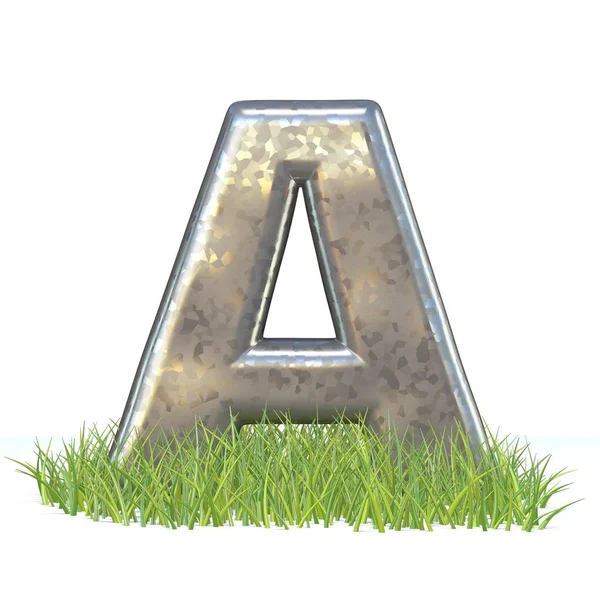 Galvanized Metal Font Letter Grass Render Illustration Isolated White Background — Stock Photo, Image