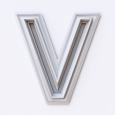 Beyaz arka plan üzerinde beyaz resim çerçeve yazı tipi harf V 3d render illüstrasyon izole