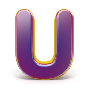 U harfi mor yazı tipi sarı 3d render illüstrasyon izole beyaz arka plan üzerinde belirtilen