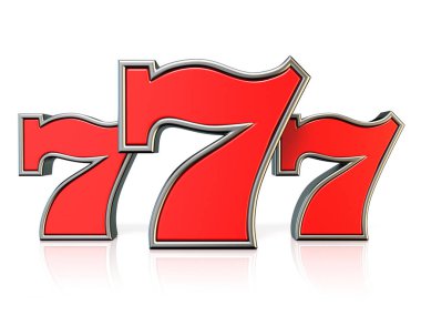 Beyaz zemin üzerine kırmızı 777 şanslı jackpot sembolü 3d render illüstrasyon izole
